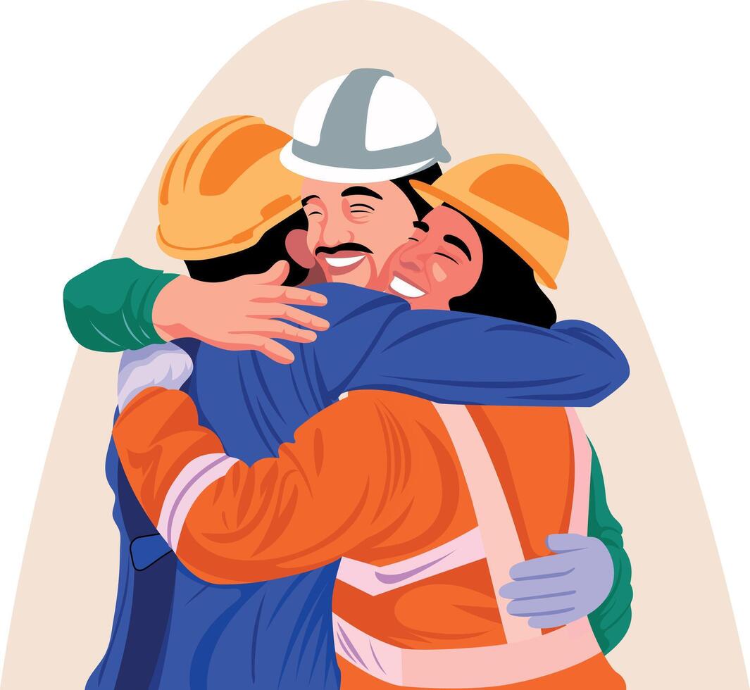 A flat style illustration of workers giving a team hug vector