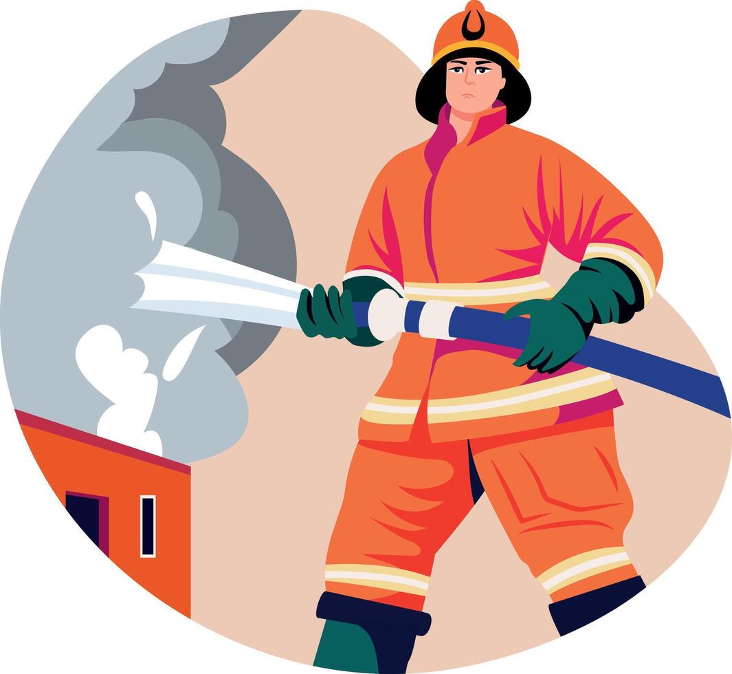 Flat style illustration of a firefighter holding a water pipe vector