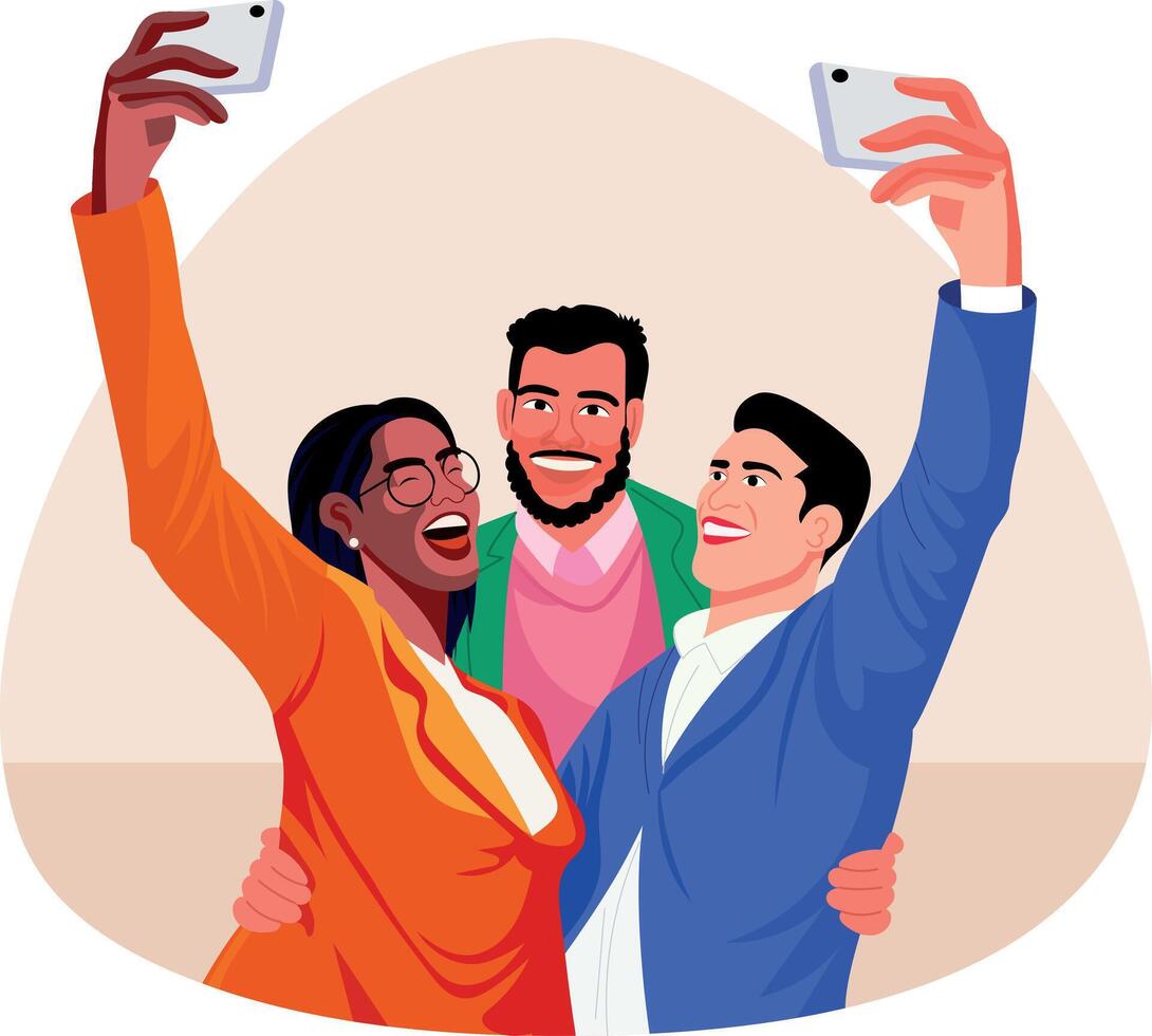 A flat illustration of employees taking office selfie vector
