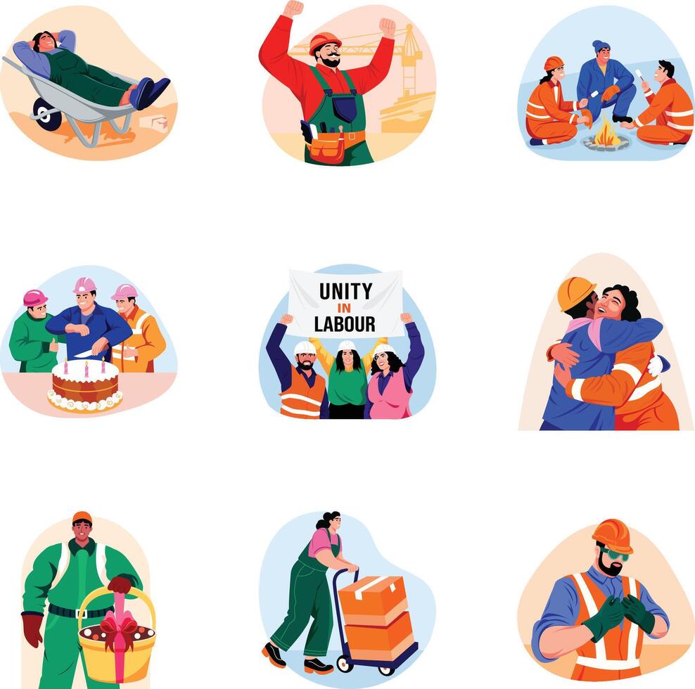Pack of Flat Style Happy Labour Day Illustrations vector