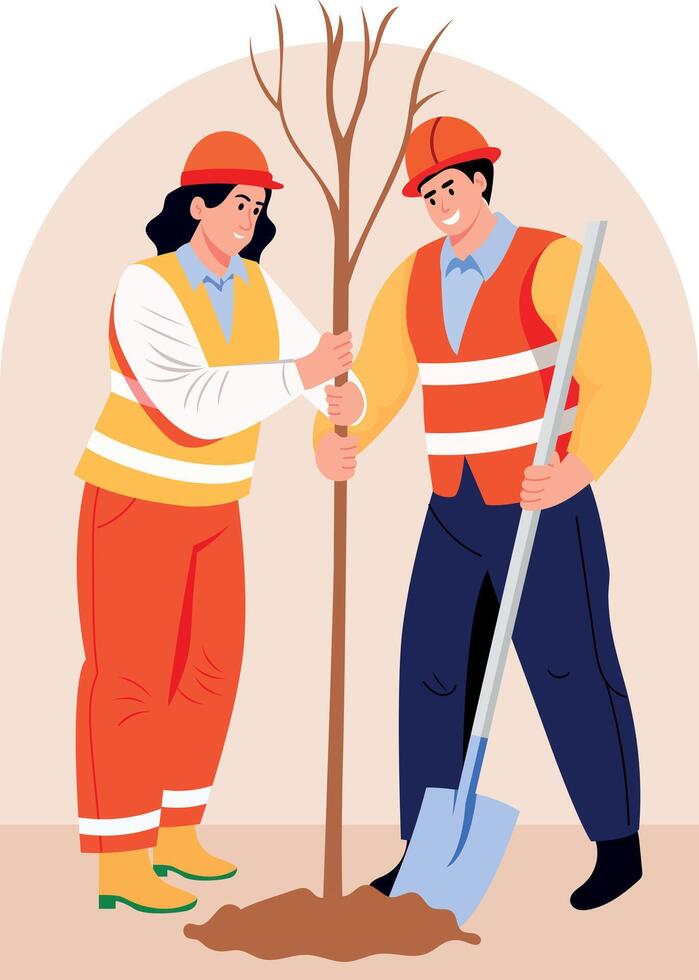 Flat illustration of two workers plating a tree in ground vector