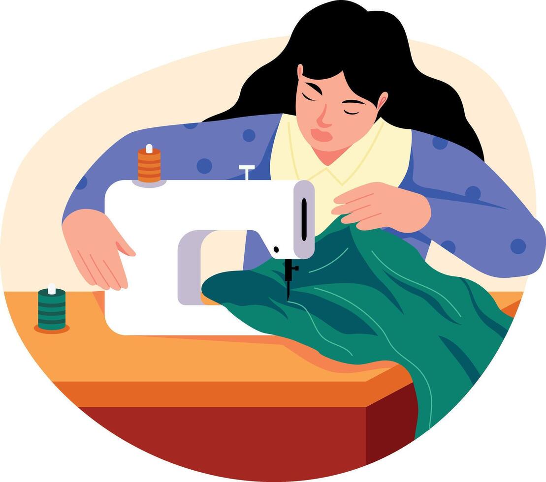 Flat illustration of a woman sewing clothes with a machine vector