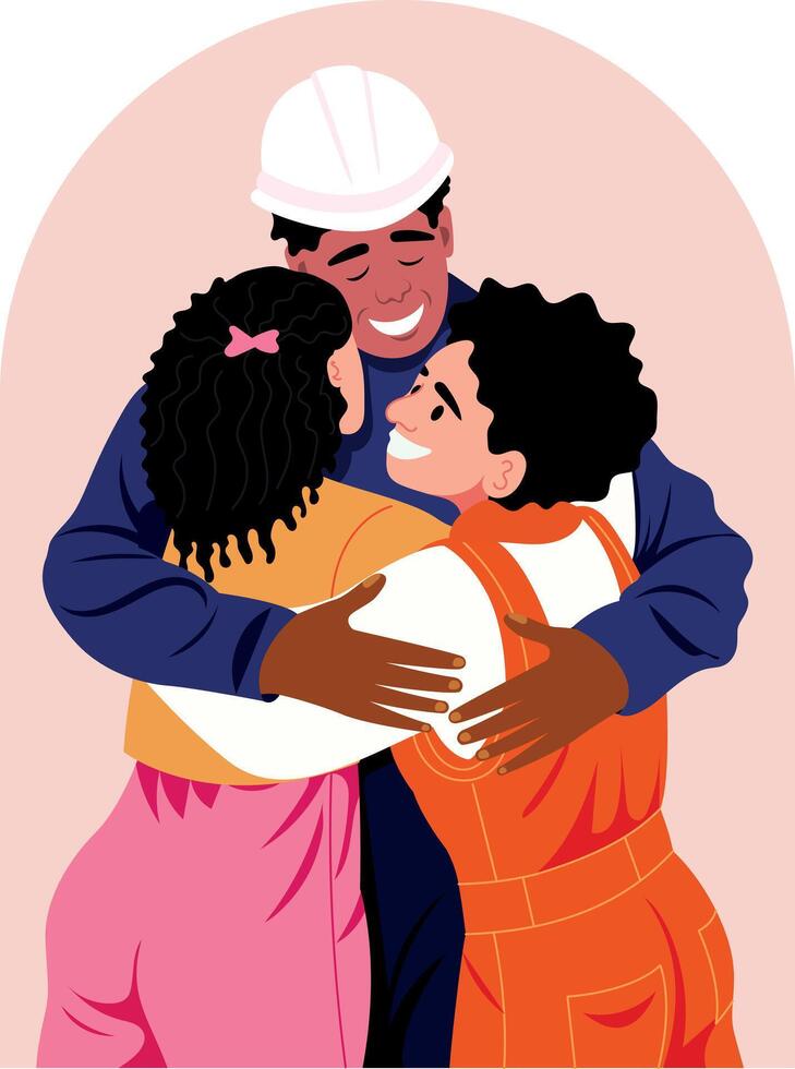 A flat style illustration depicting a worker family hug vector