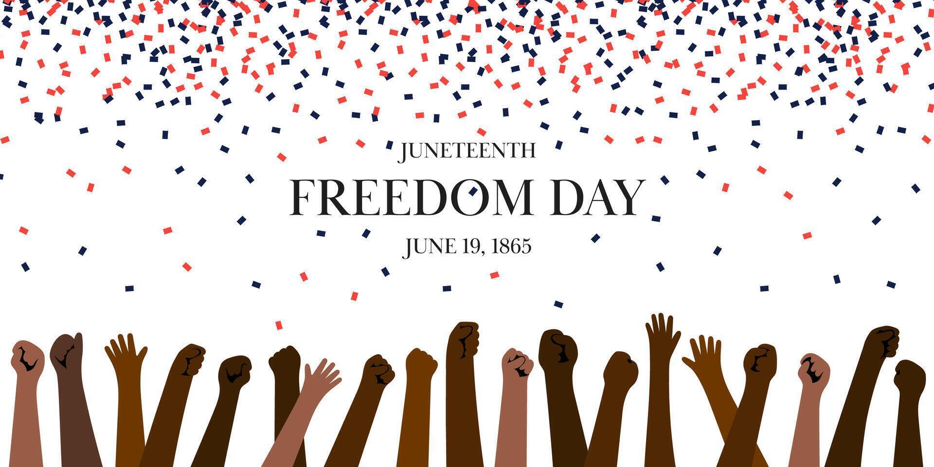 Juneteenth Freedom Day celebration illustration. Raised fists in various skin tones symbolize unity, strength and liberation. Red blue confetti on white background create festive patriotic atmosphere. vector