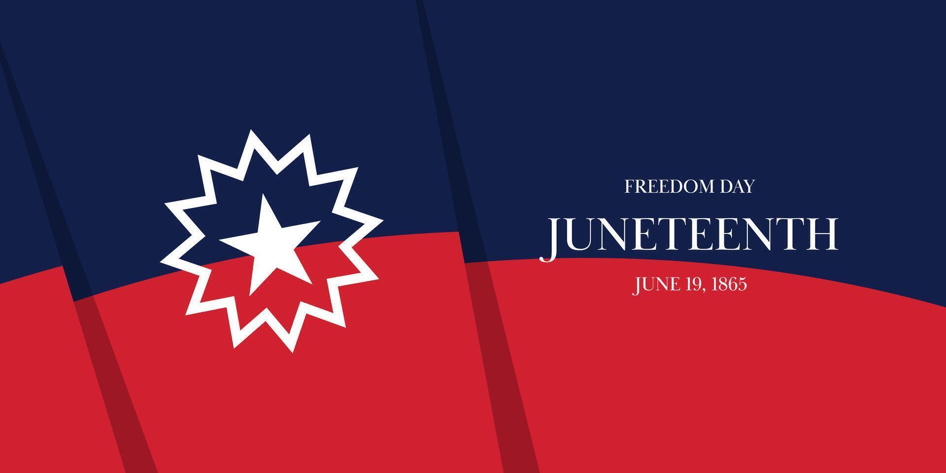 Juneteenth banner features star symbol on blue red flag. Text celebrates Freedom Day and historical date June 19, 1865. Horizontal flat and graphic print design. vector