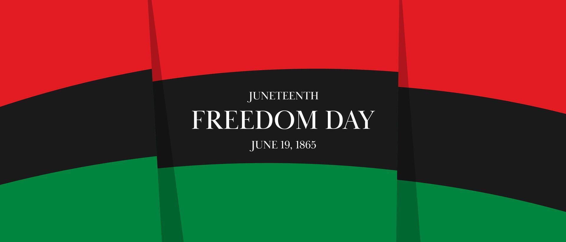 Juneteenth banner features flag with red black and green stripes flag. Text celebrates Freedom Day and historical date June 19, 1865. flat and graphic print design. vector