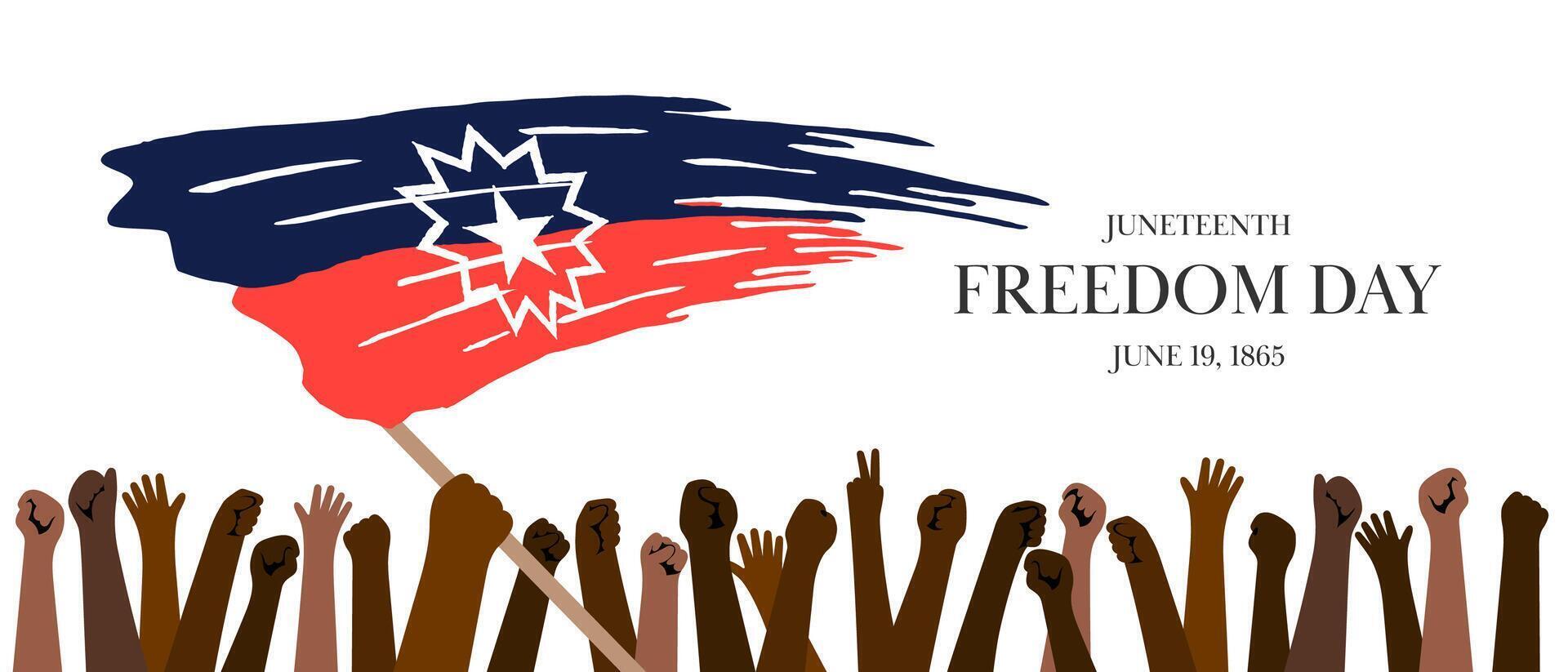 Juneteenth Freedom Day banner. Diverse raised fists symbolize unity, strength and liberation. Juneteenth flag with abstract brushstroke effect emphasizes heritage and pride. Clean modern design. Eps vector