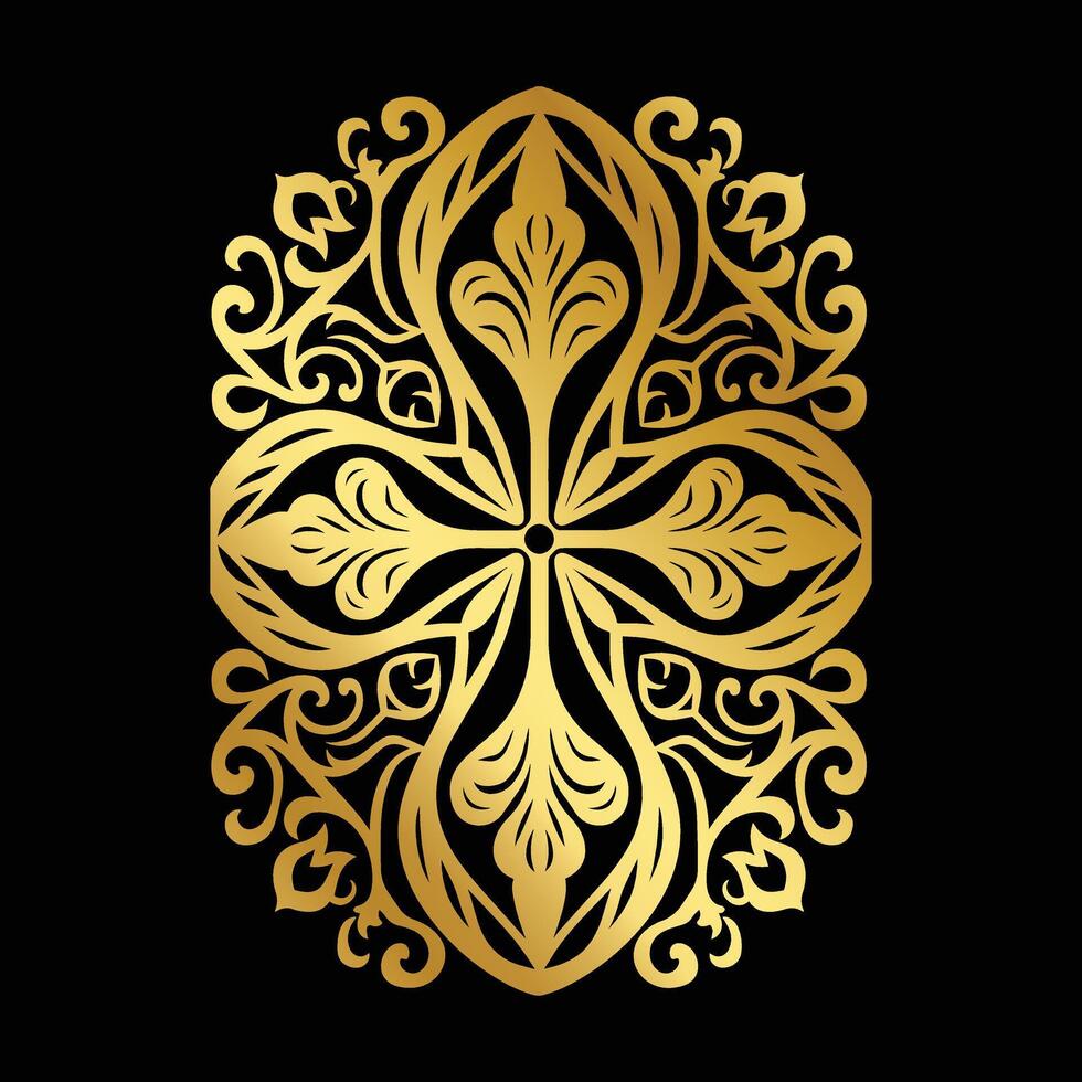 Elegant Gold Ornamental Cross with Floral Baroque Patterns on Black Background vector