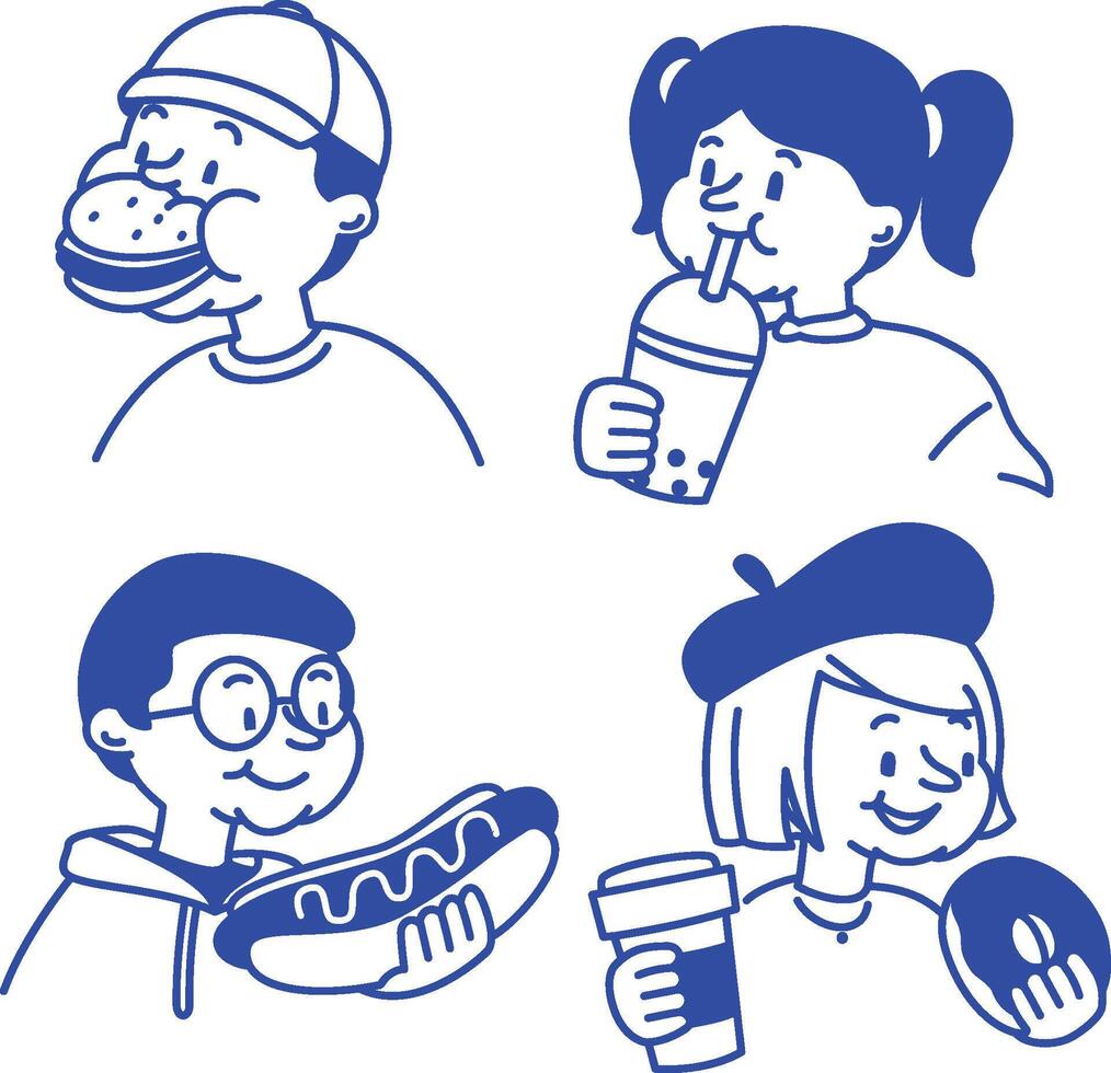 A set of playful cartoon character illustrations enjoying fast food and drinks vector