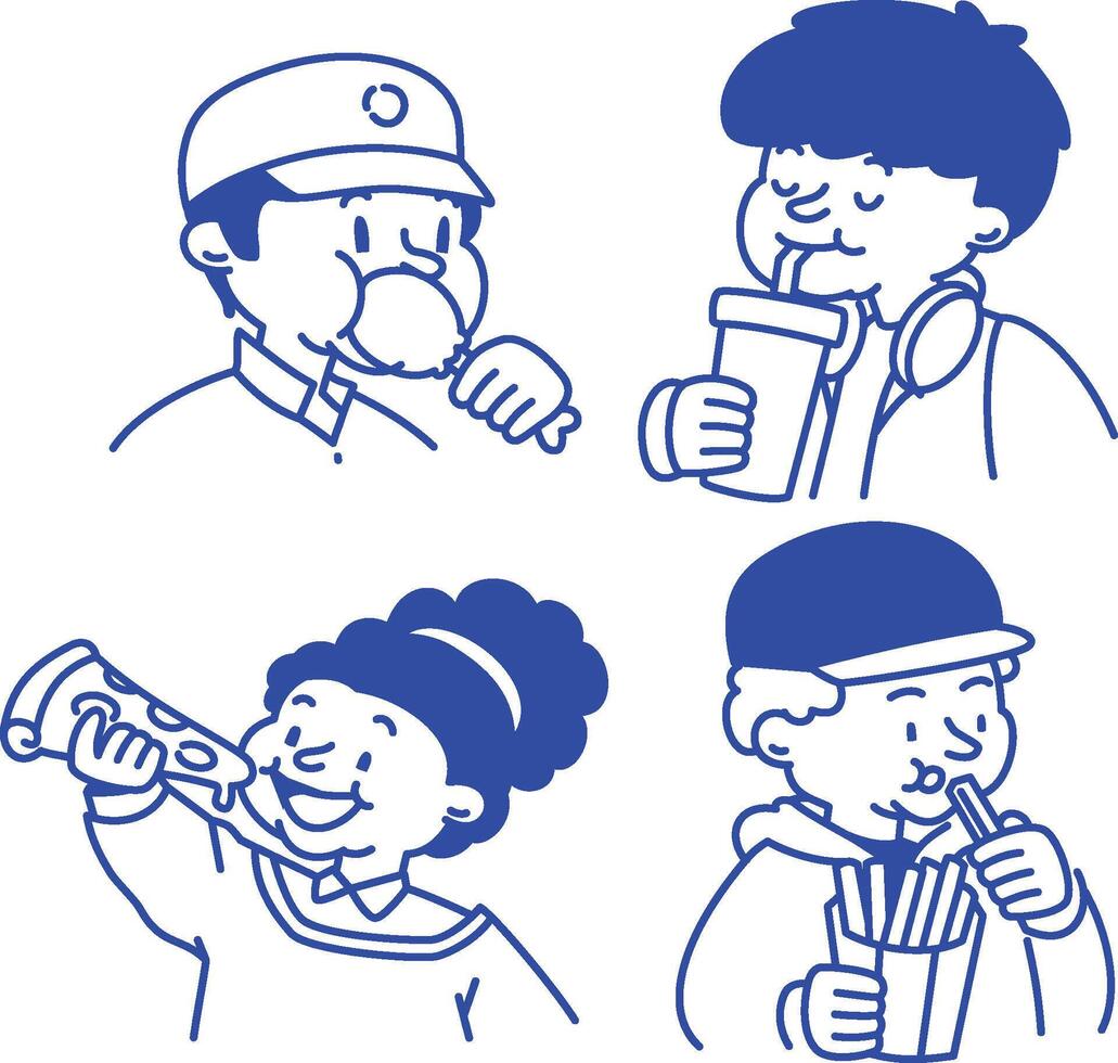 This collection of fun and cheerful character illustrations showcases various people enjoying their favorite fast food items, vector
