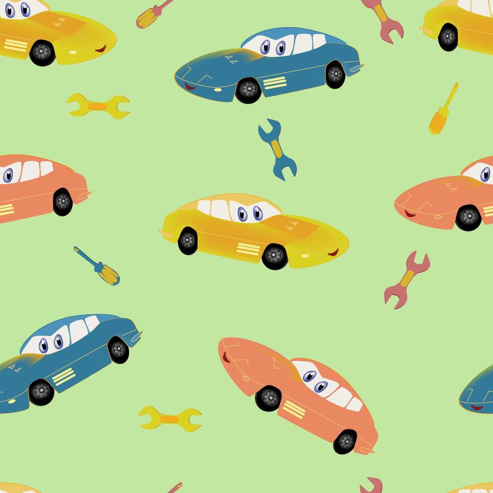cartoon car, wrench and screwdriver pattern vector