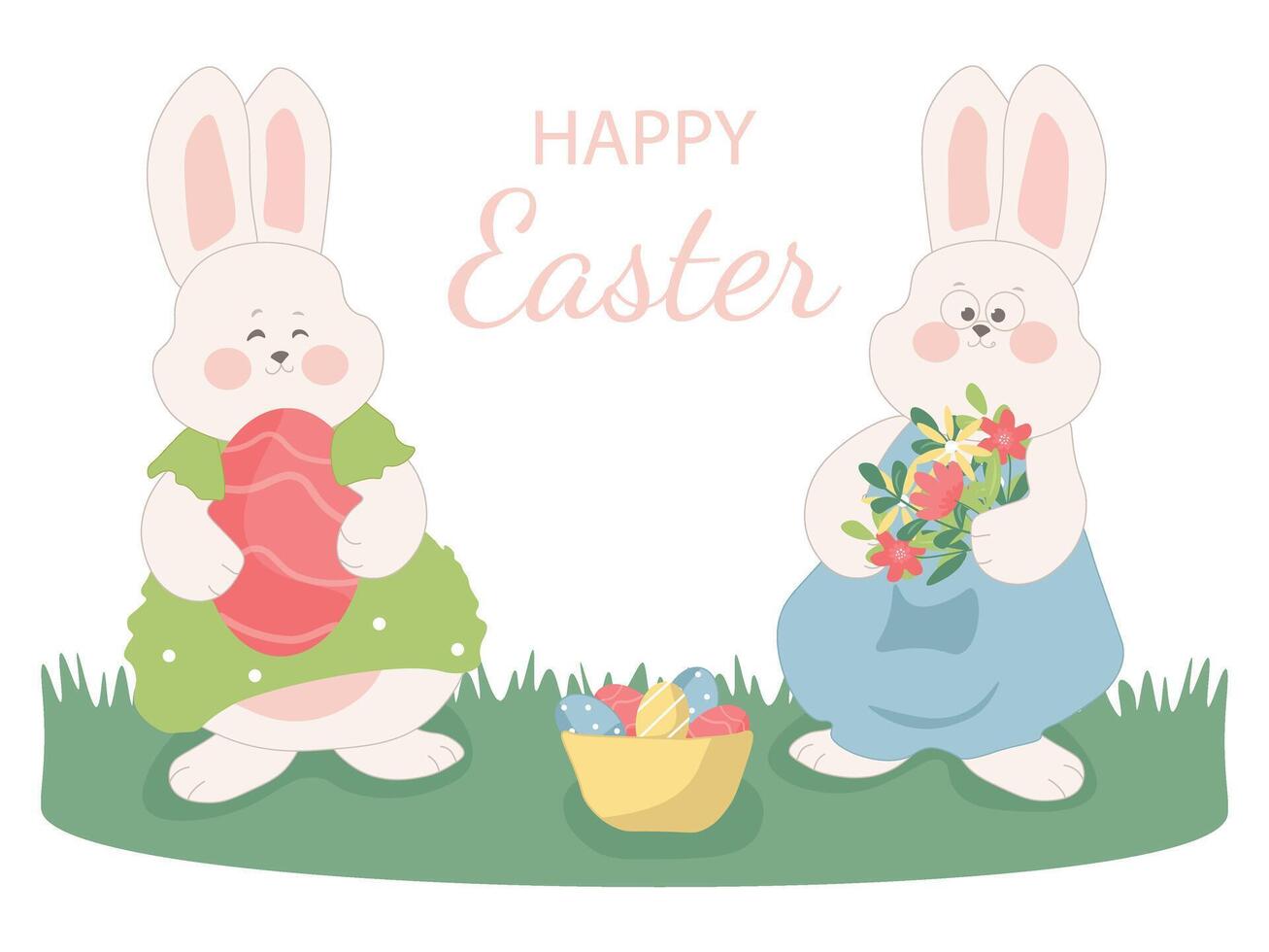 Two cute bunnies celebrating easter, holding a decorated egg and a bouquet of spring flowers, with a basket full of colorful eggs. vector