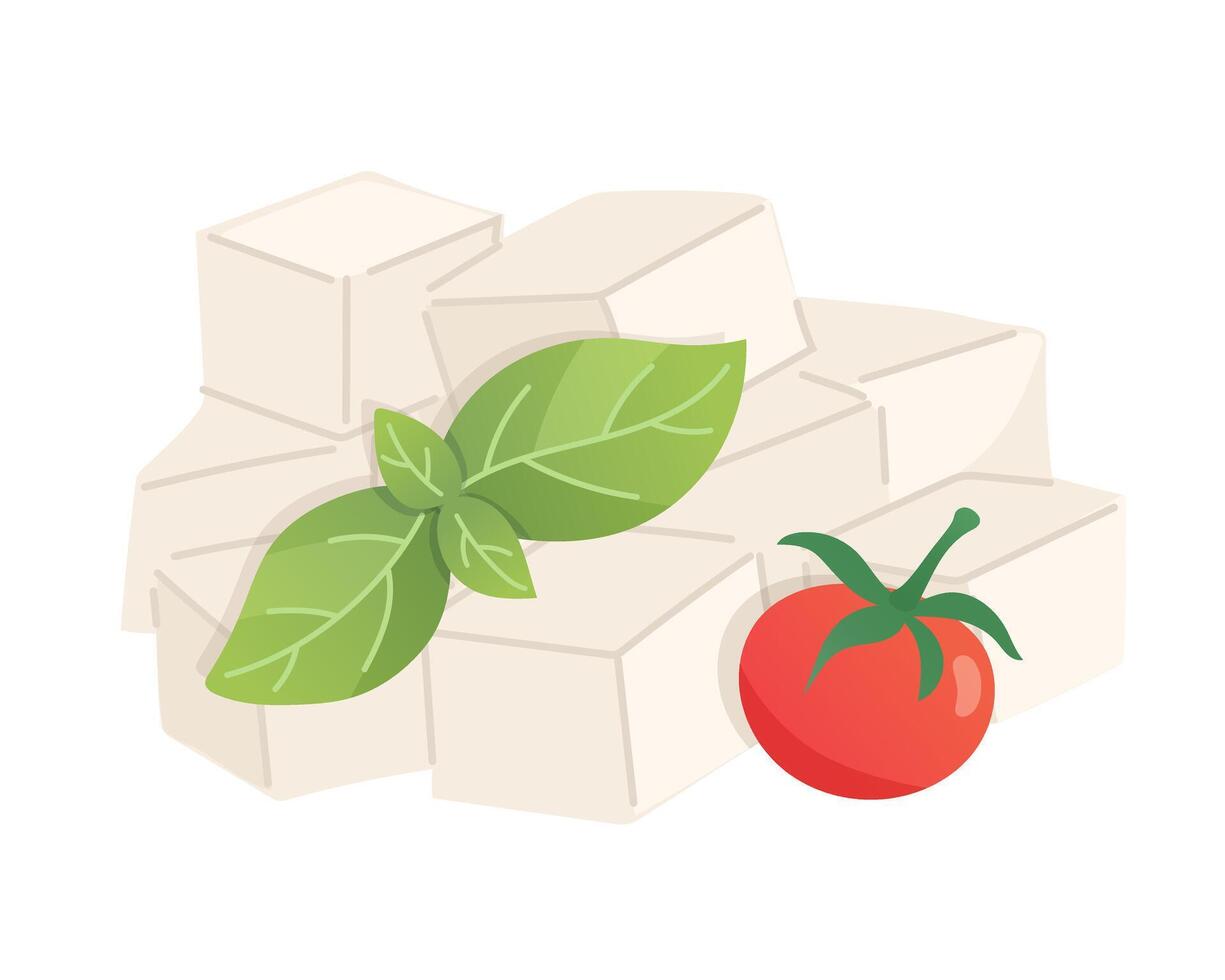 Feta cheese cubes with tomato and basil. Organic farm food. Design element, cartoon flat illustration for logo, poster, menu. Isolated on white background. vector