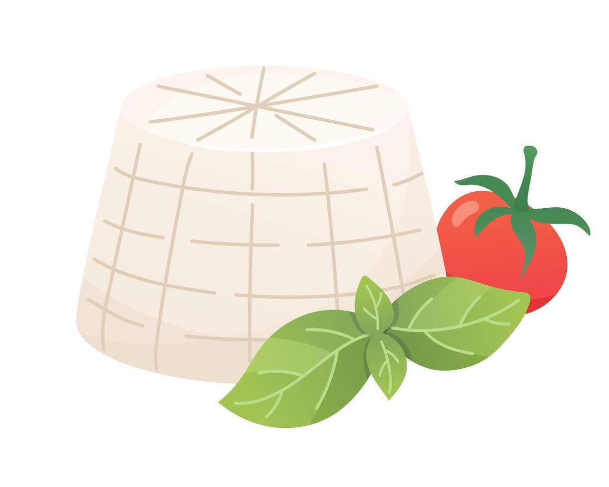 Ricotta cheese with tomato and basil. Soft white cheese. Organic farm food. Design element, cartoon flat illustration for logo, poster, menu. Isolated on white background. vector