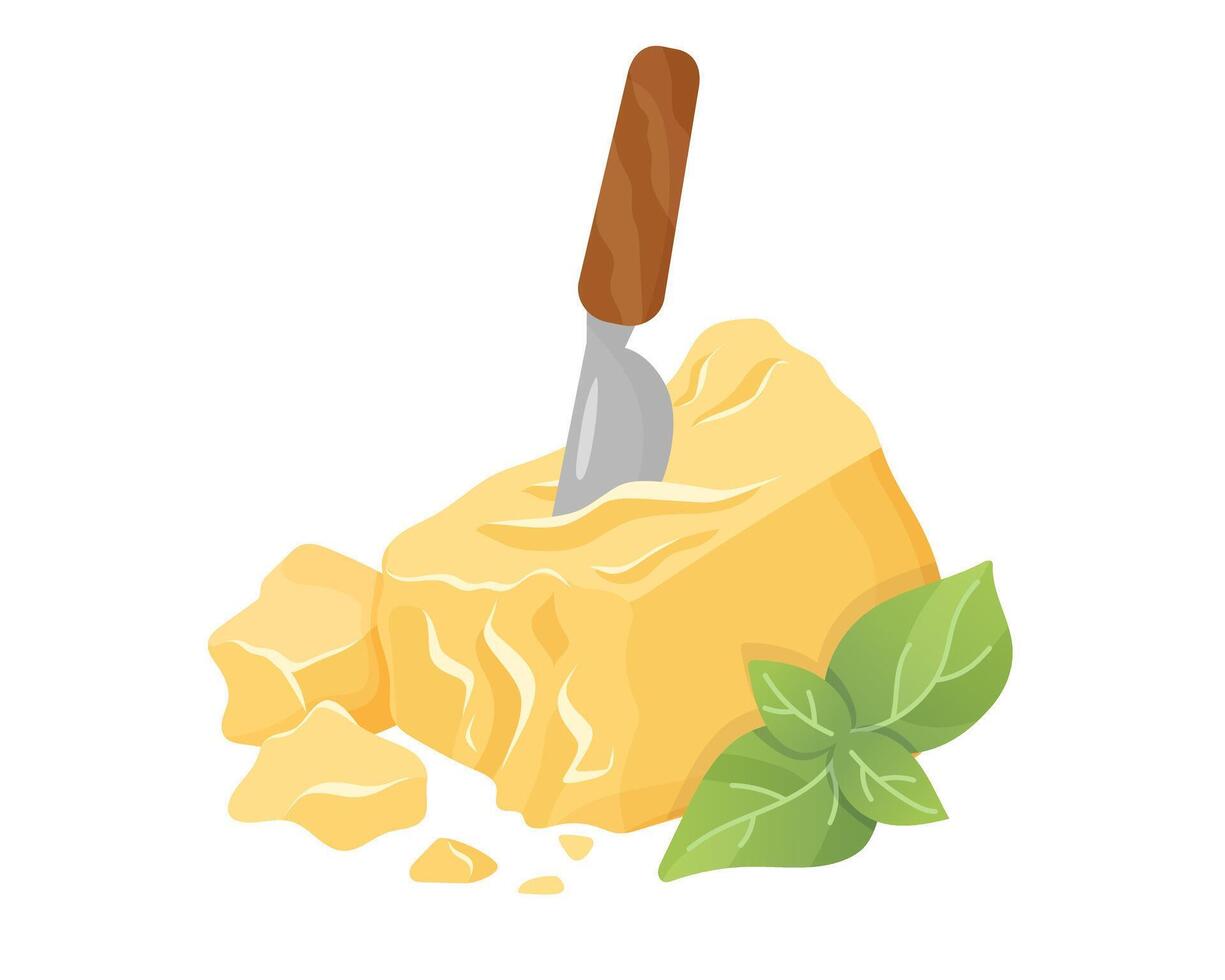 Parmesan cheese with basil and knife. Organic farm food. Design element, cartoon flat illustration for logo, poster, menu. Isolated on white background. vector