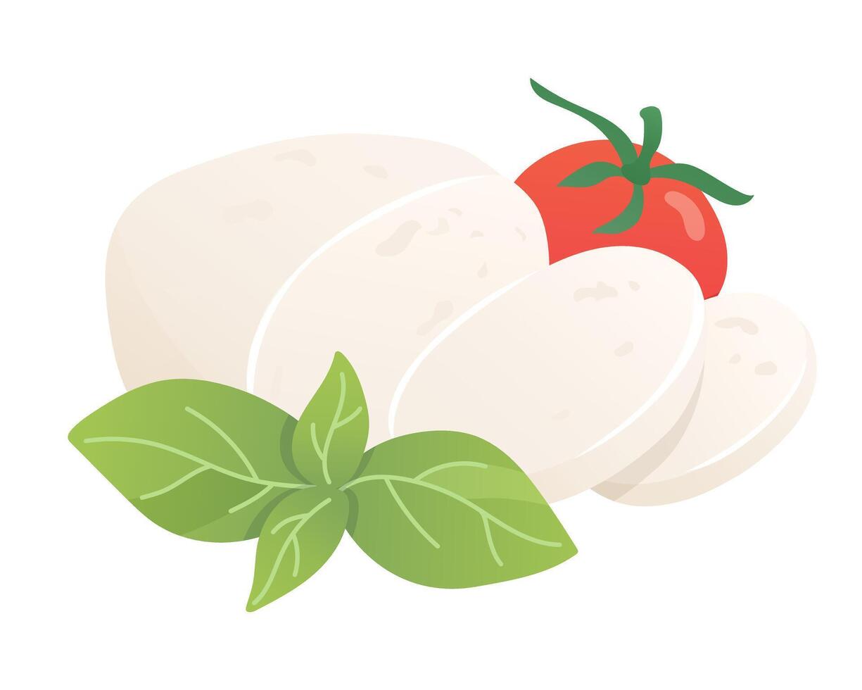 Mozzarella cheese with tomato and basil. Soft white cheese cut piece. Organic farm food. Design element, cartoon flat illustration for logo, poster, menu. Isolated on white background. vector