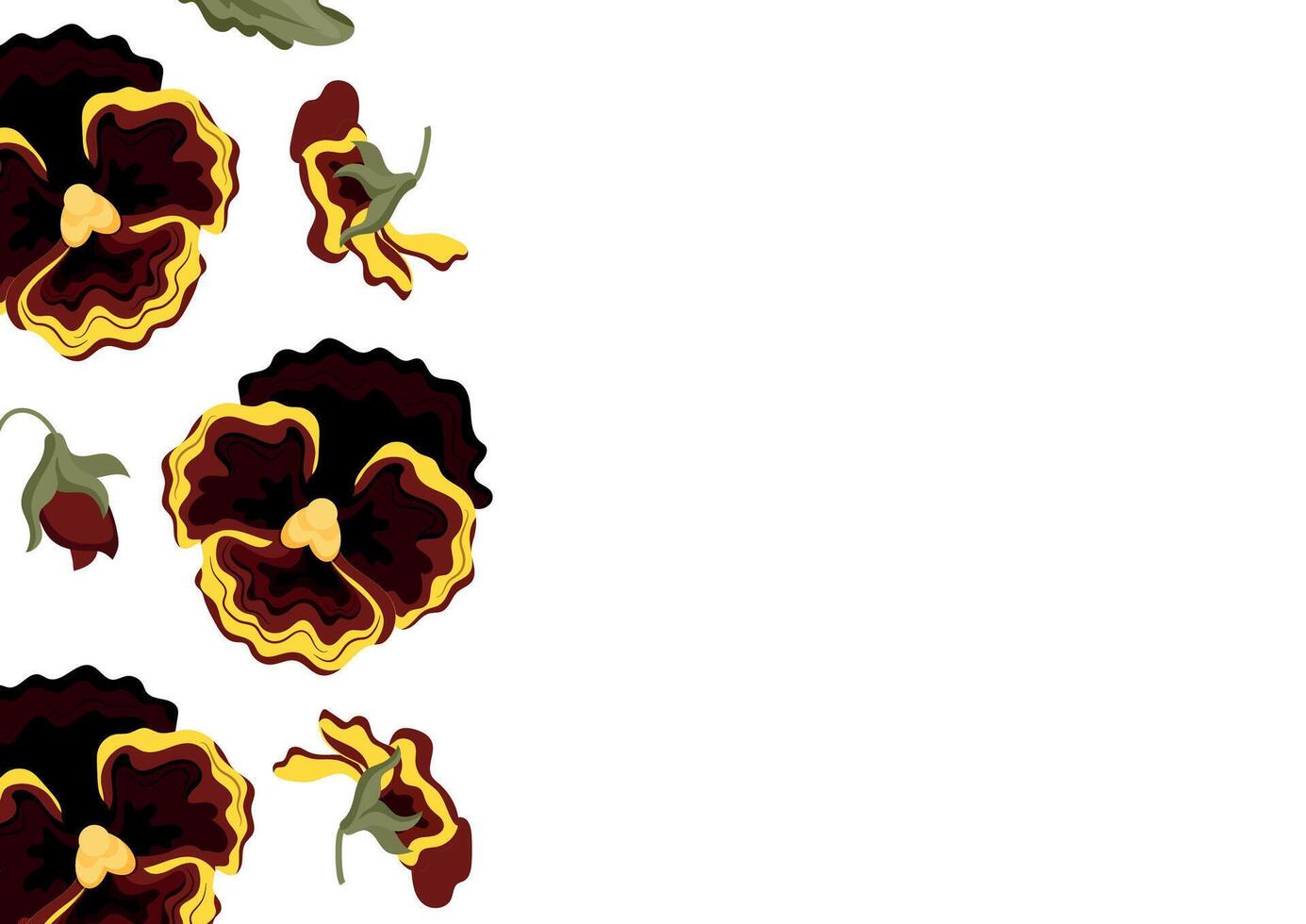 poster with yellow flowers, namely yellow pansies and various leaves, flower buds, for textiles or various packaging vector