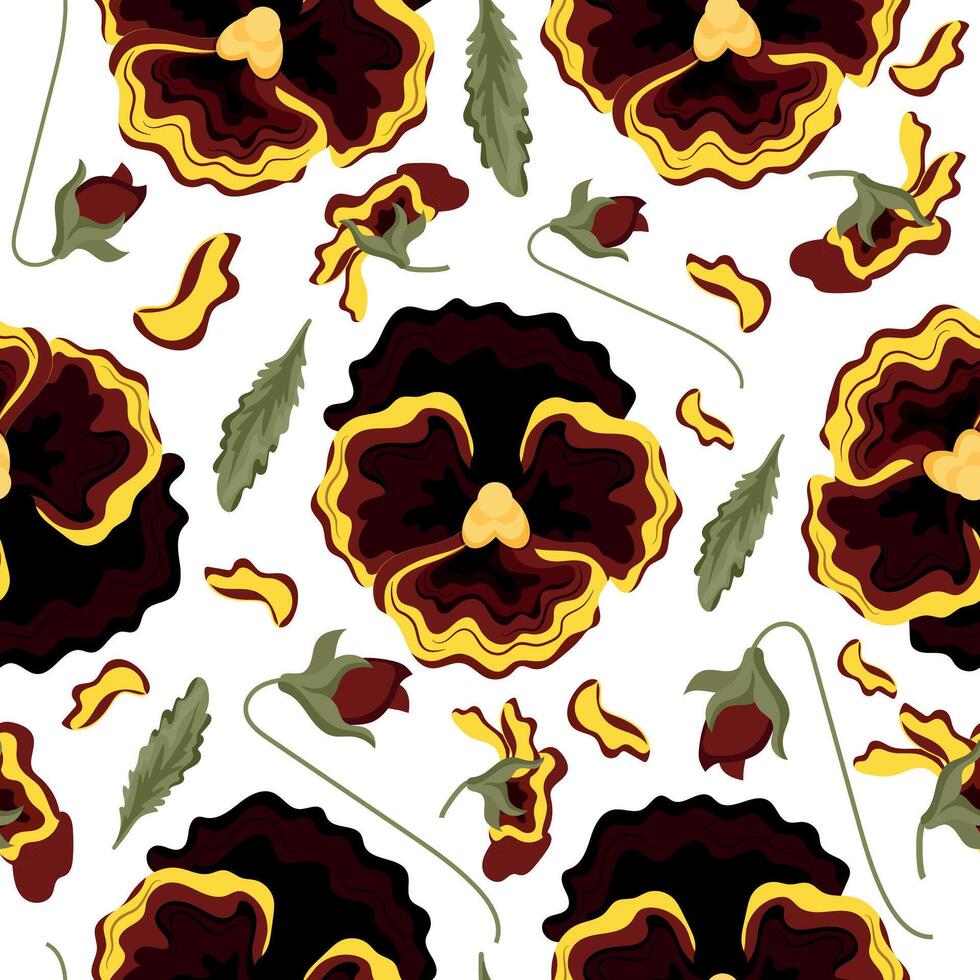 seamless pattern with yellow flowers, namely yellow pansies and various leaves, flower buds, for textiles or various packaging vector