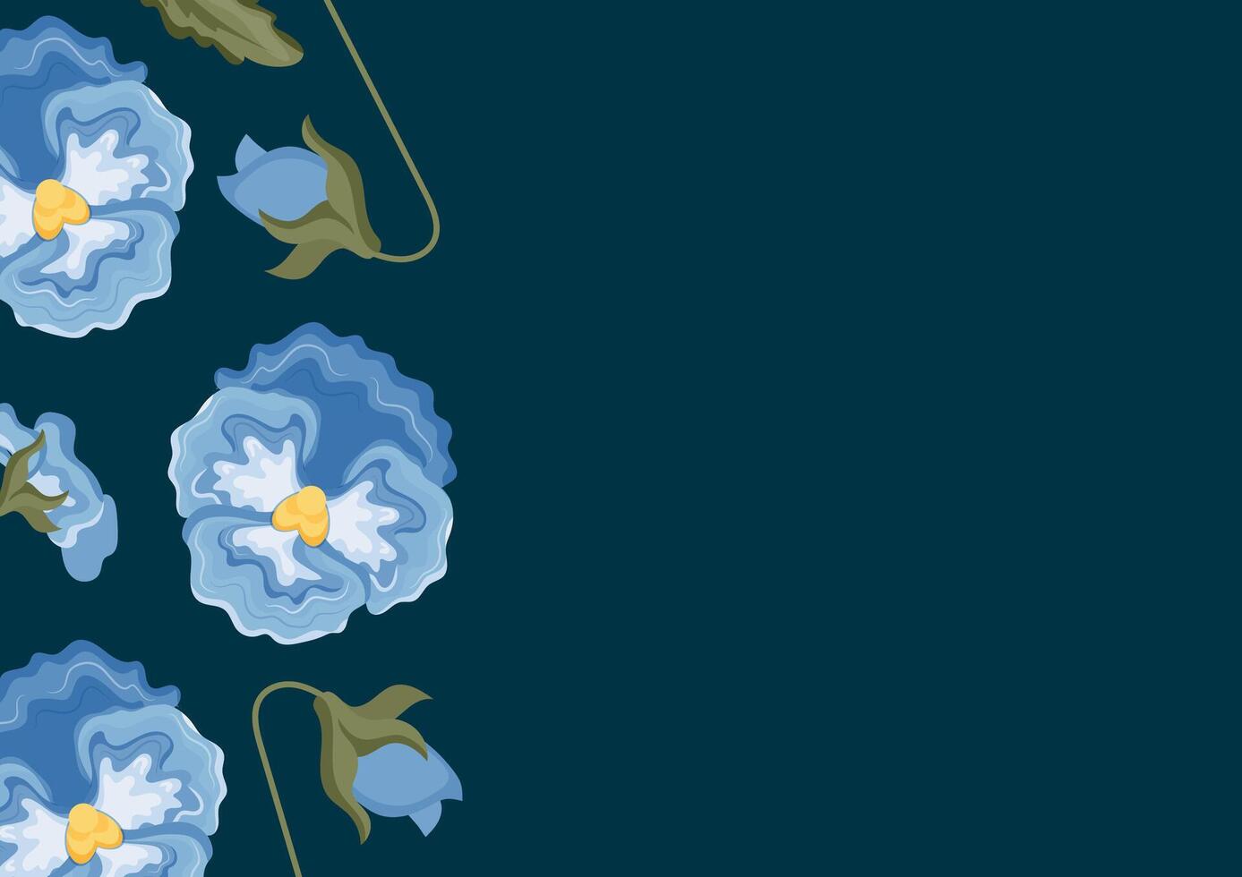 poster with blue flowers, namely blue pansies and various leaves, flower buds on a blue background, for textiles or various packaging vector