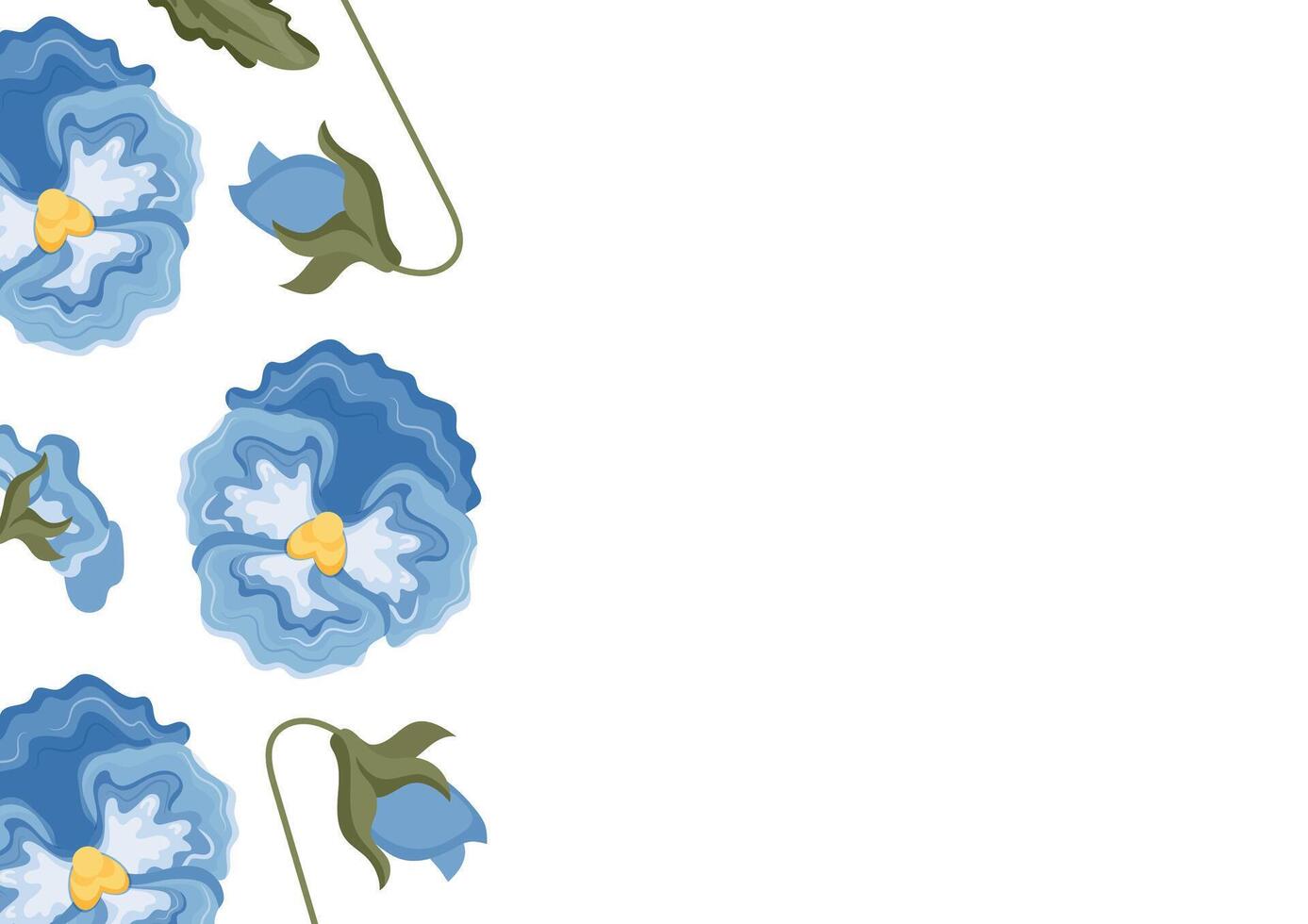 poster with blue flowers, namely blue pansies and various leaves, flower buds, for textiles or various packaging vector