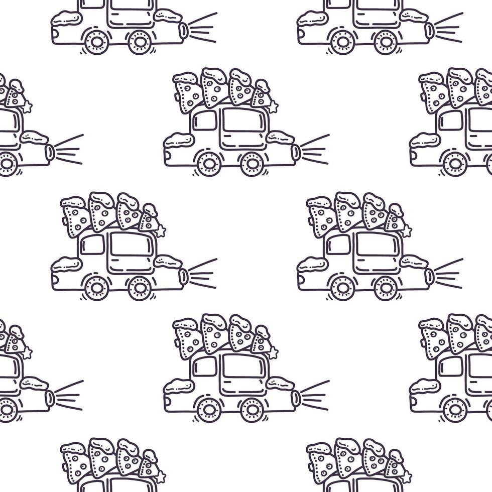 Doodle Christmas seamless pattern with car and tree vector