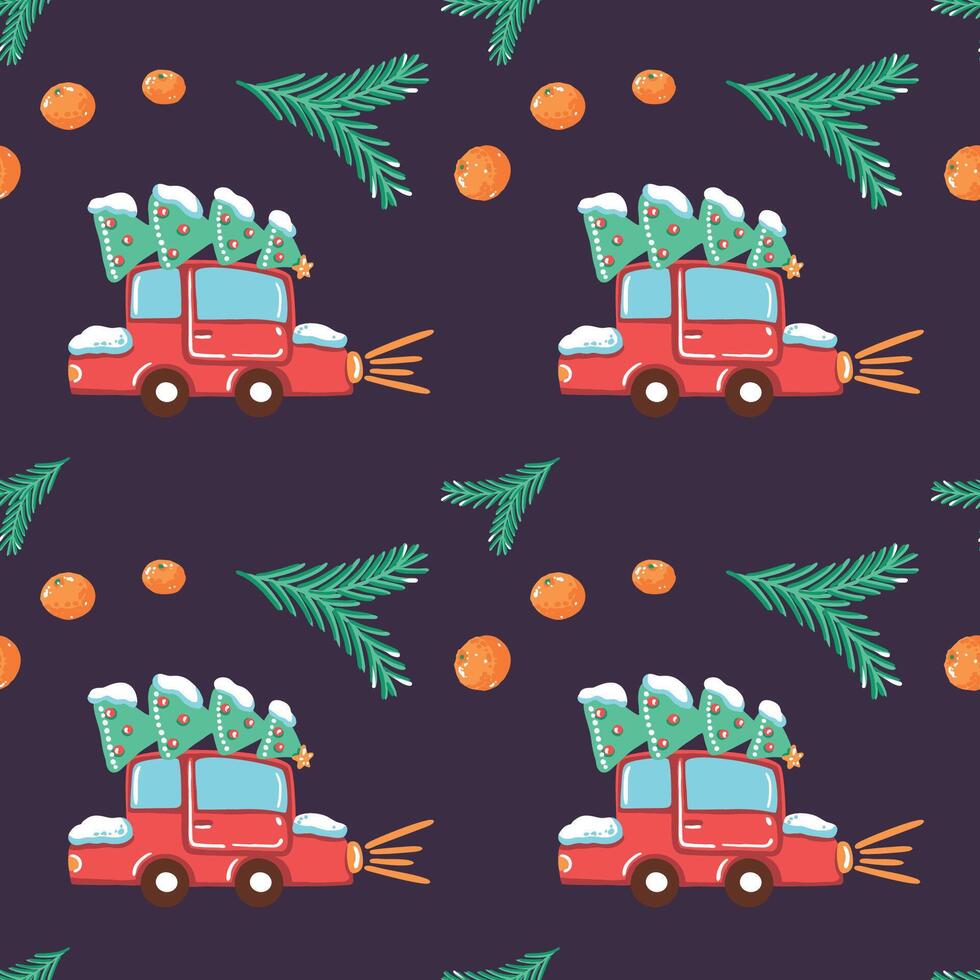 Christmas seamless pattern with red car and tree vector