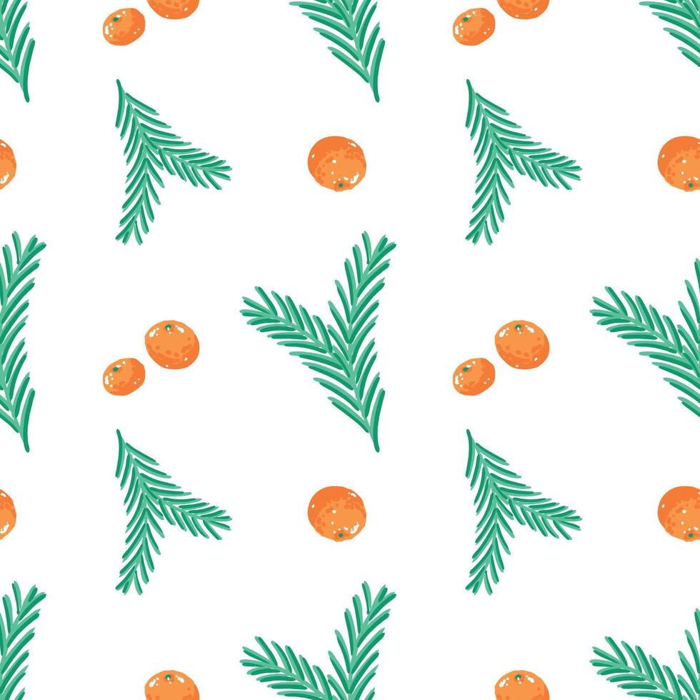Seamless pattern with spruce branch and tangerines vector