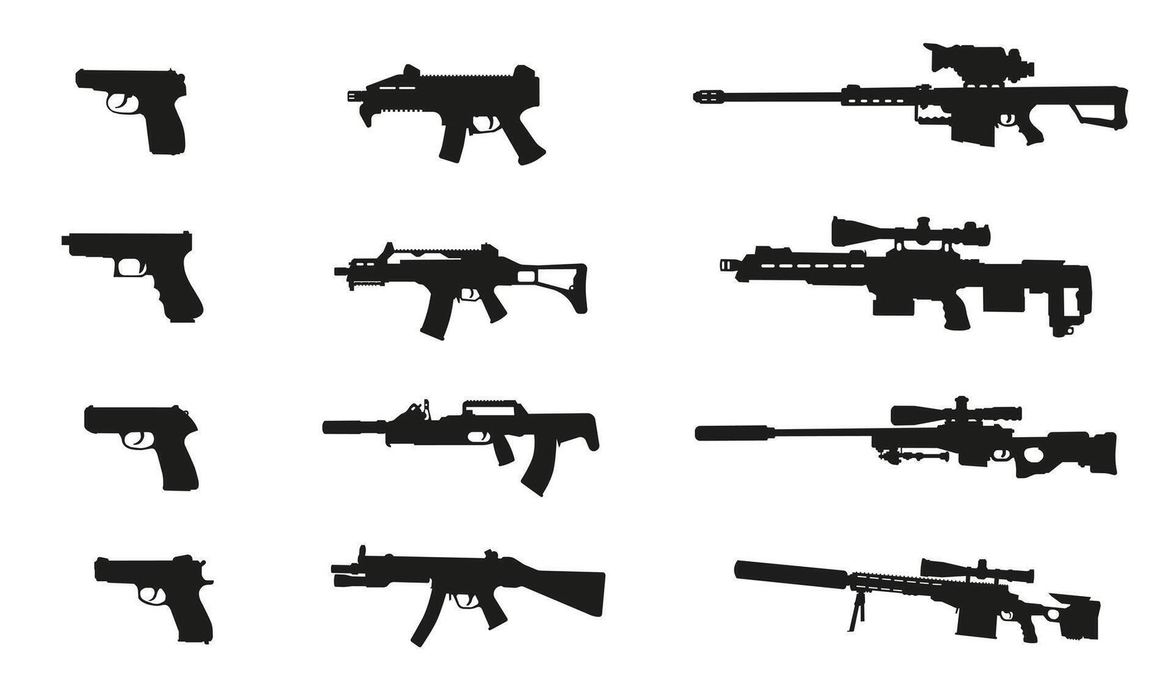 Silhouettes of weapons. A large set of modern and not only small arms in . vector