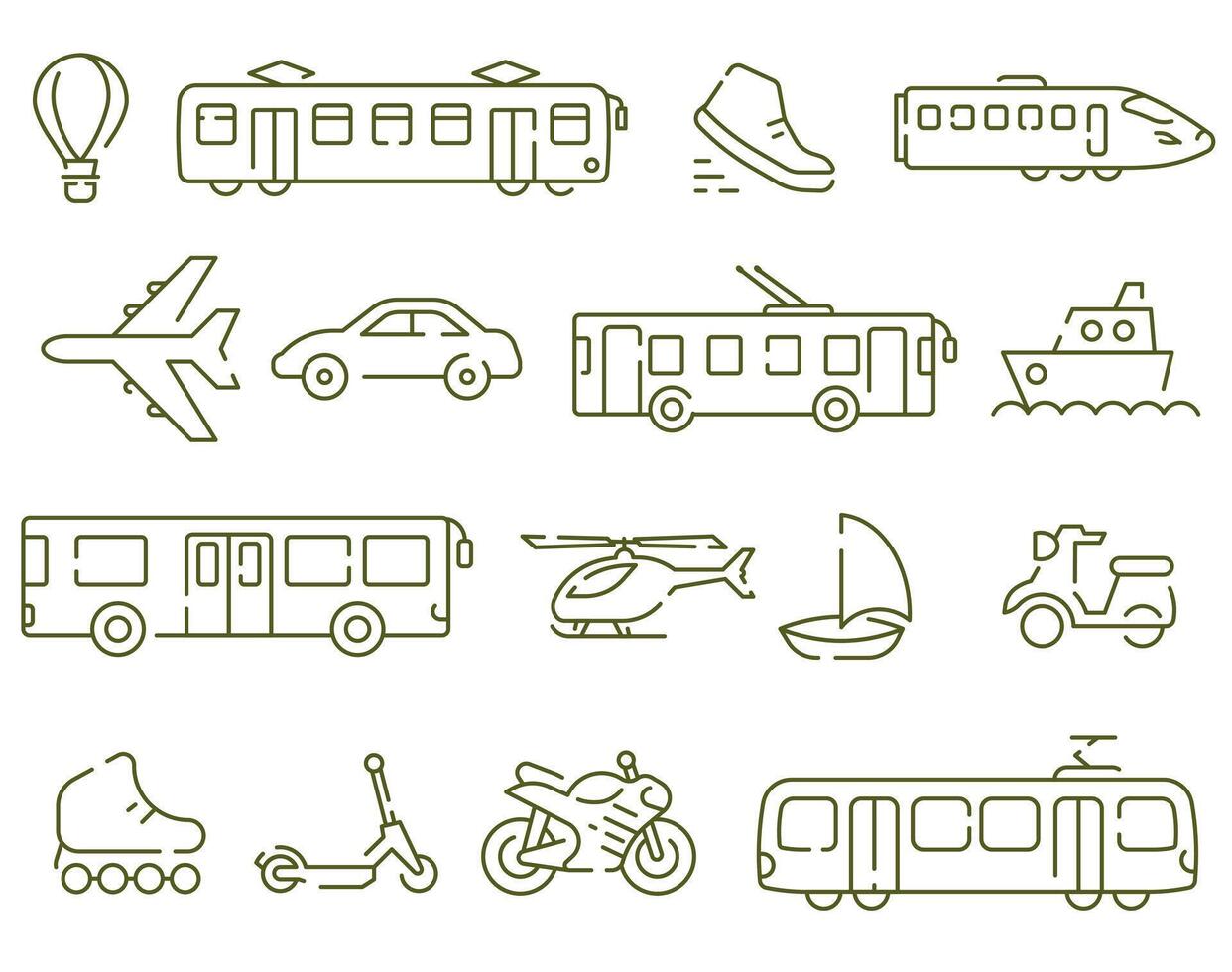 Transport icons. Different types of transport in thin line. Road, rail, air, water transport. vector