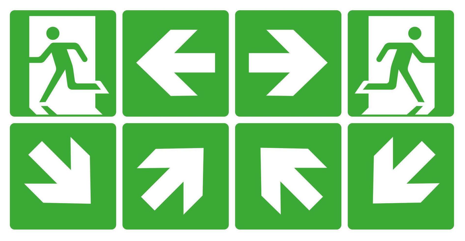 Emergency and fire exit signs. The direction of the emergency exit. vector