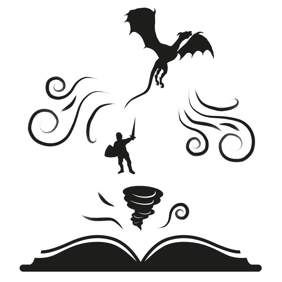 Silhouette of a book reading fairy tales and fantasy. The world of fantasy that the book opens. vector