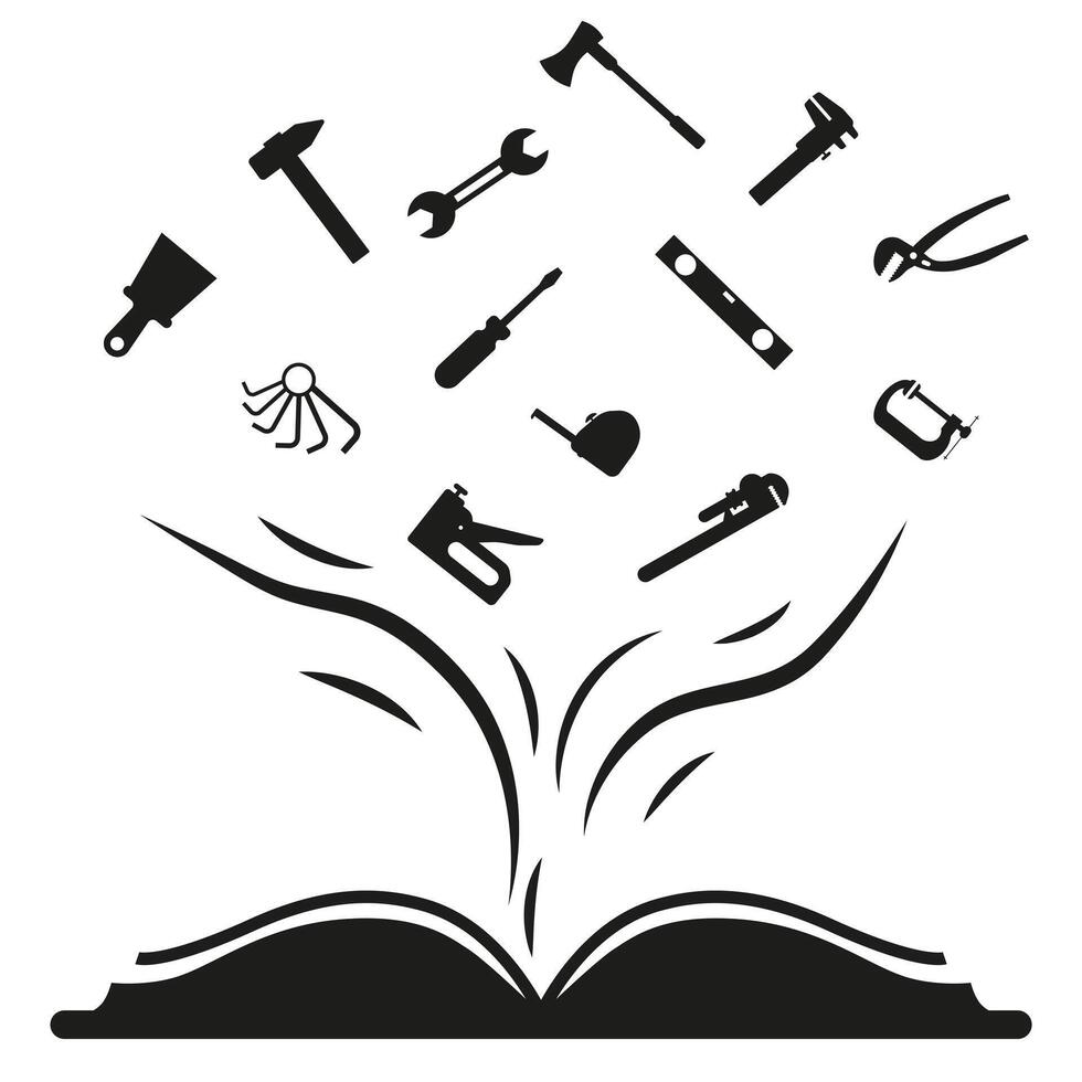 Silhouette of a book about work, tools. Learning to work with hand tools. vector
