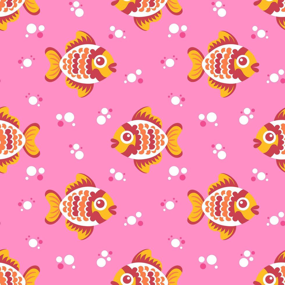 Seamless pattern with fish and bubbles on a pink background. Surface design for textile, fabric. vector