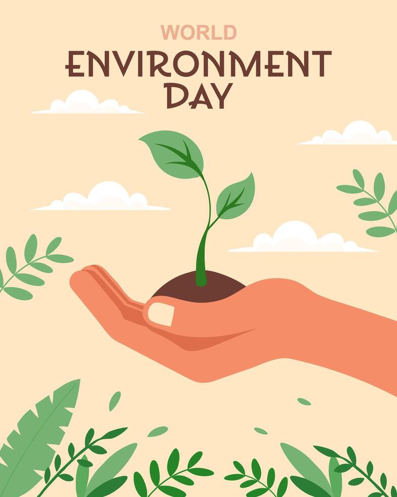 World Environment Day banner. Hand holding a growing plant symbolizing environmental protection. Illustration. vector