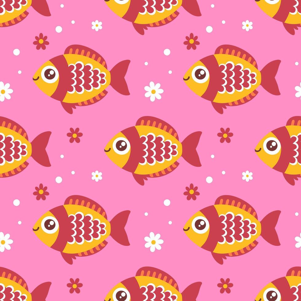 Seamless pattern with fishes with flowers on pink background. Surface design for textile, fabric. vector