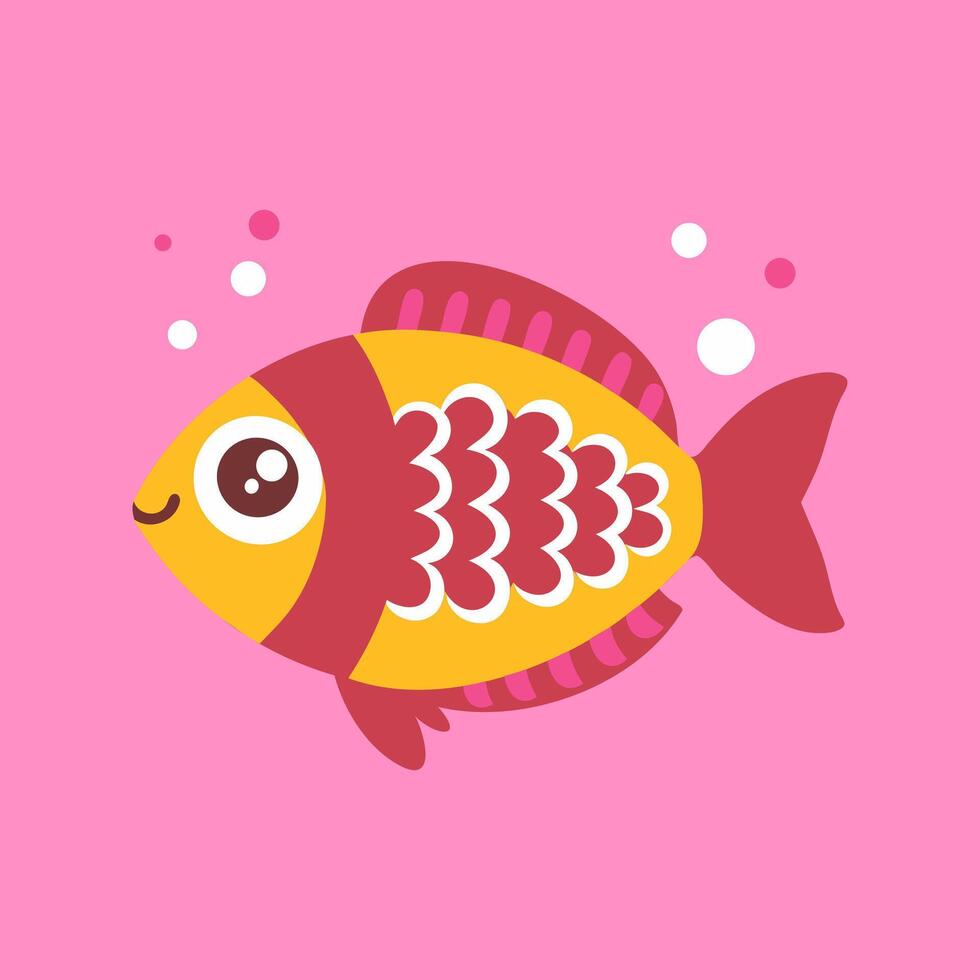 Cute fish with bubbles and pink background. Print for clothes, postcard. Flat illustration. vector