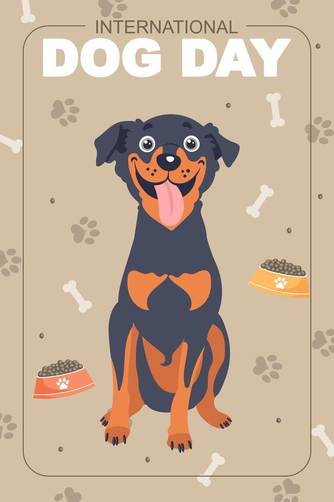 International Dog Day. Cute dog with a bowl of food. Illustration in flat style. vector