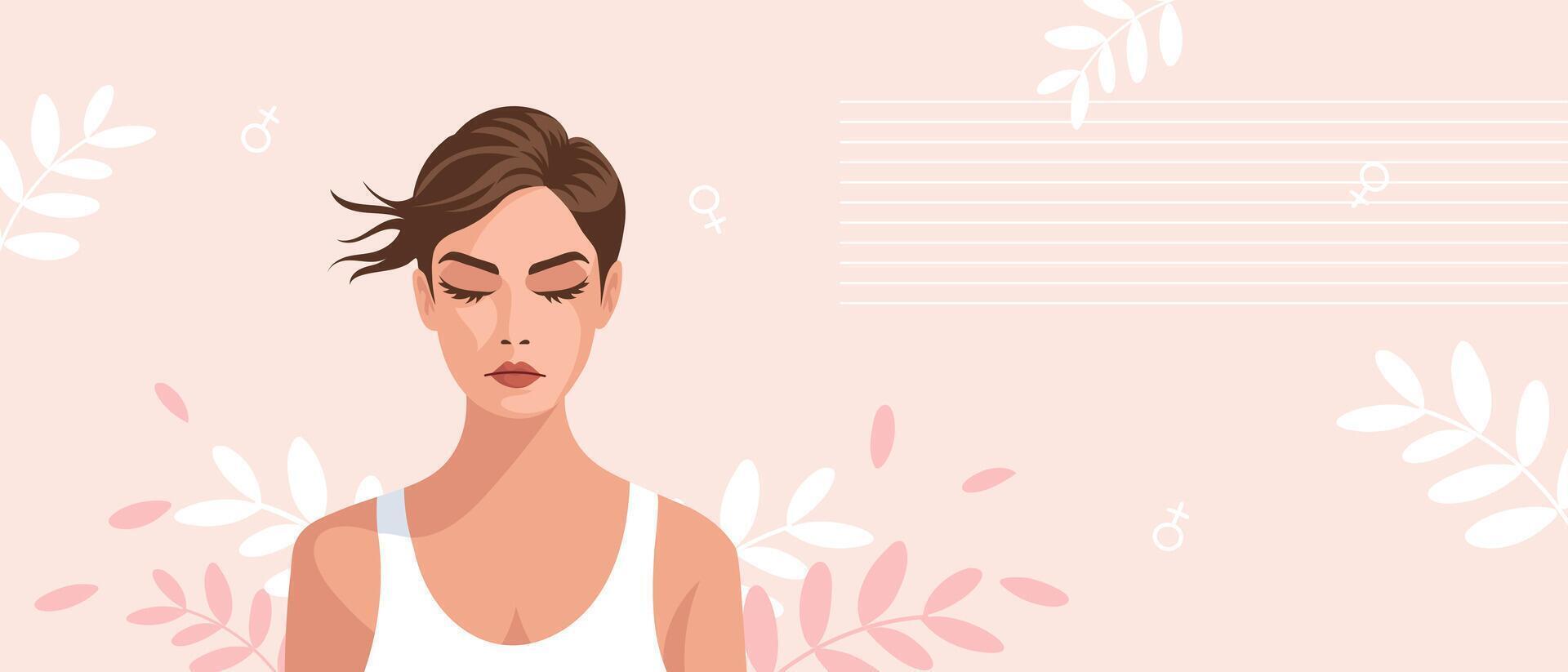 Mental health concept. Beautiful young woman with closed eyes on a pink background. Mental Health Day. vector