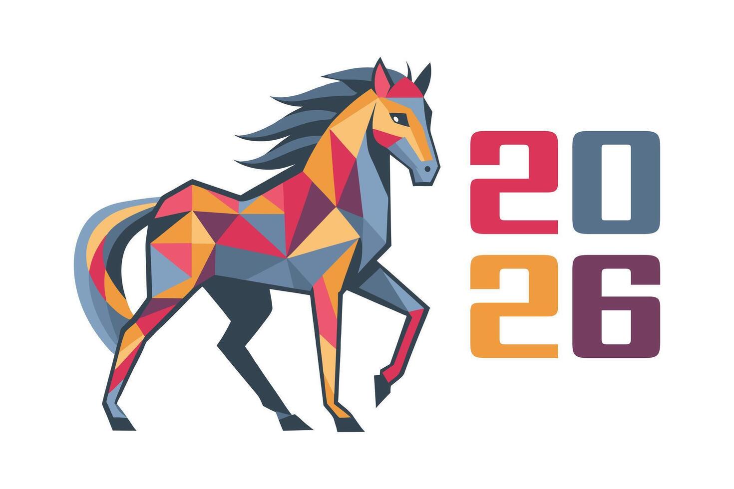 Happy New Year background with a geometric polygonal horse silhouette and the numbers 2026. Year of the Horse. Greeting card. vector