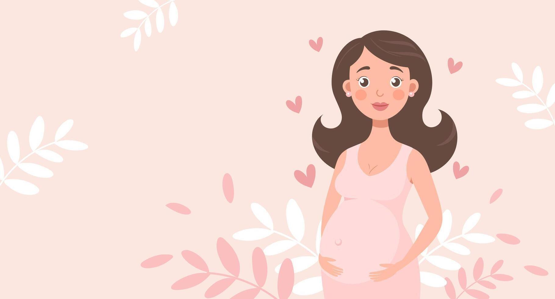 Cute pregnant woman with flowers on pink background with floral elements. Flat illustration. vector