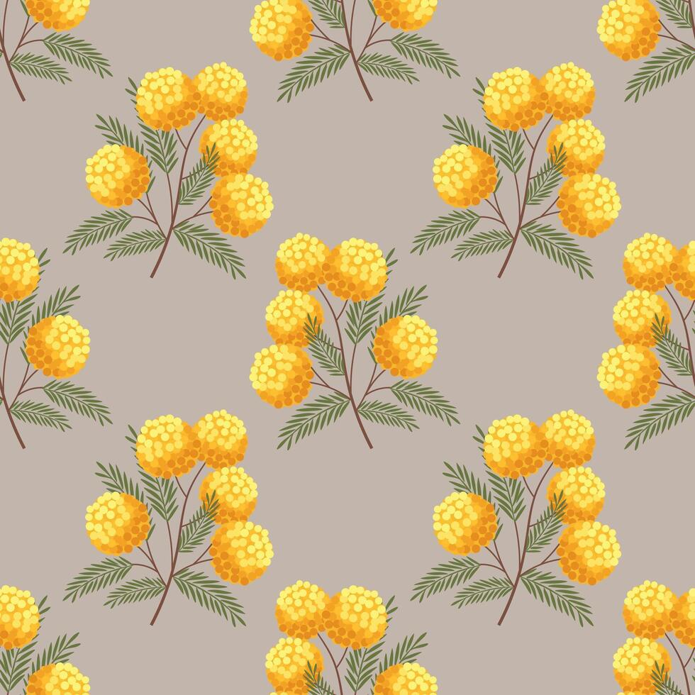 Seamless floral pattern with mimosa flowers on a beige background. Surface design for textile, fabric. vector