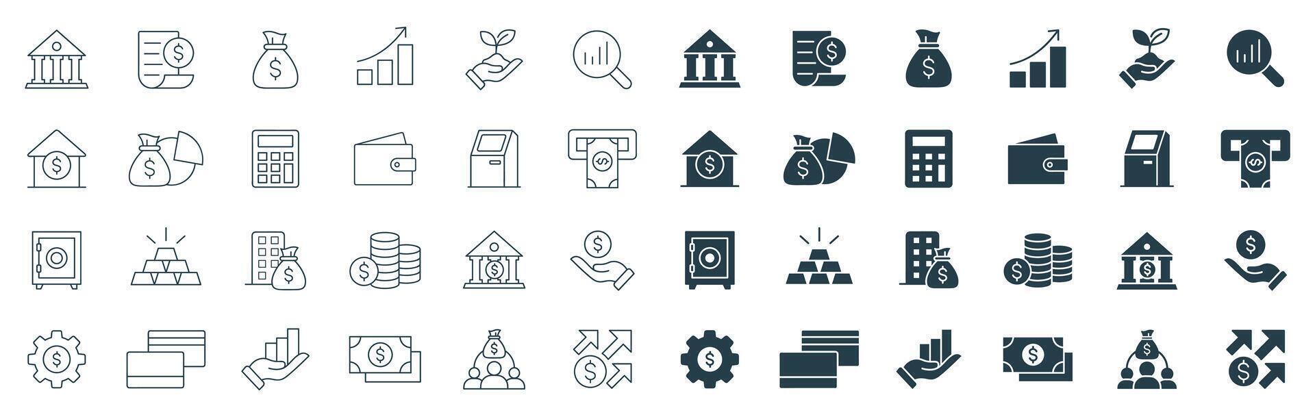 Banking and Investment Icon Set, Collection of Finance and Financial Services icons in Line and Solid Style vector
