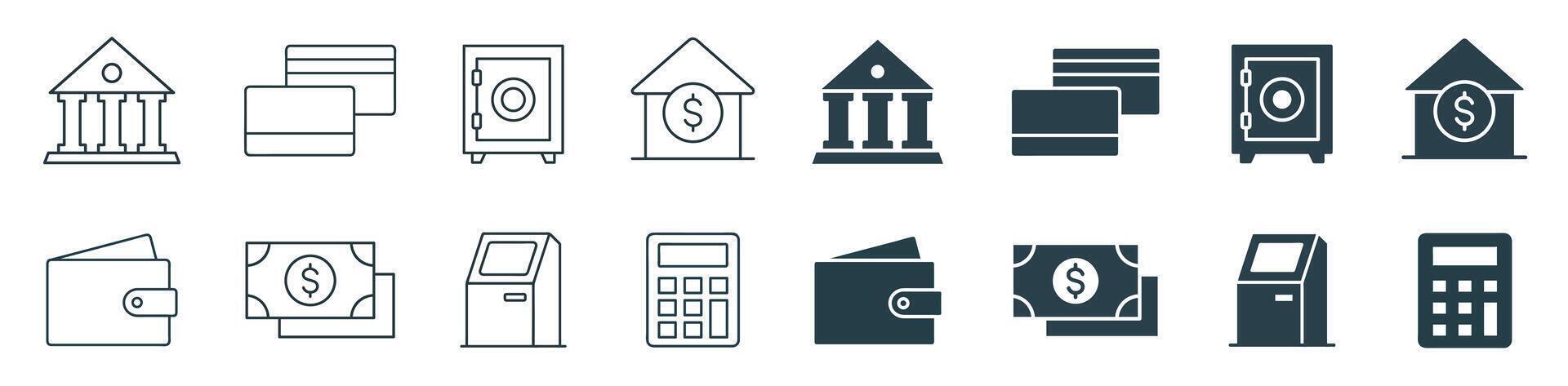 Banking Icon set Outline and Filled . illustration of Banking, Finance, and money management icons vector