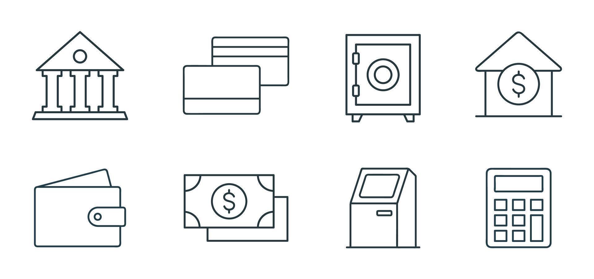 Banking and Money Management Icon Set, Concept of finance and banking Outline Icons Illustration vector