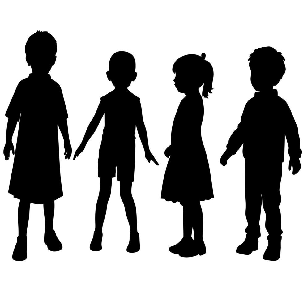 Silhouette of Four Children Standing in a Row Isolated on White Background Kids, Childhood, Playing vector