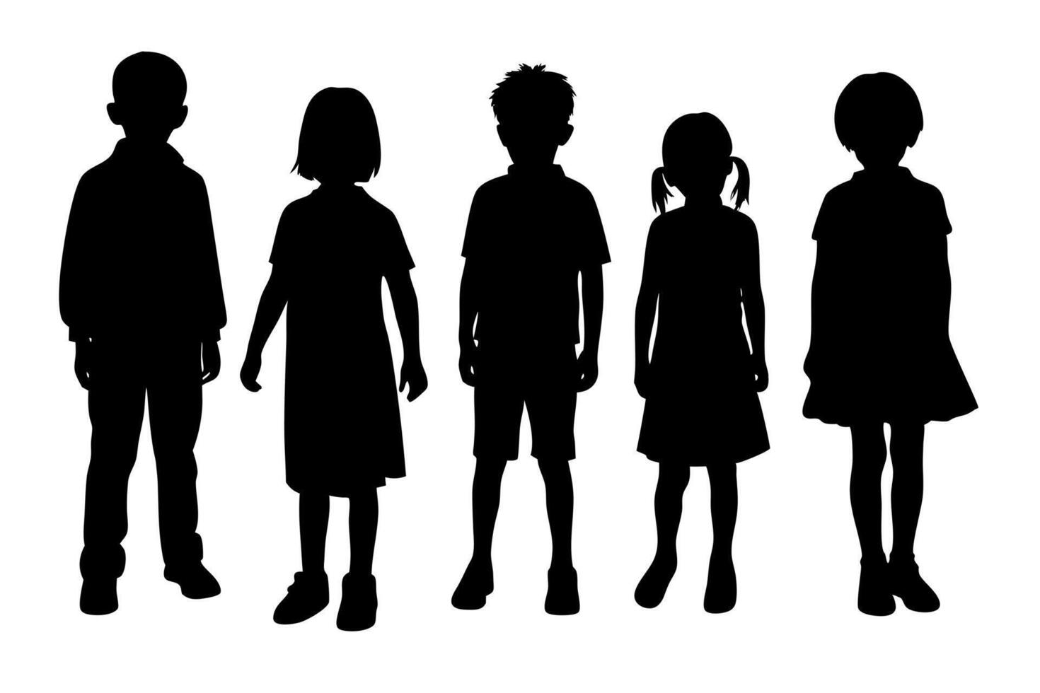 Silhouette of Five Children Standing Together, Representing Diversity, Education, and Childhood on a White Background vector