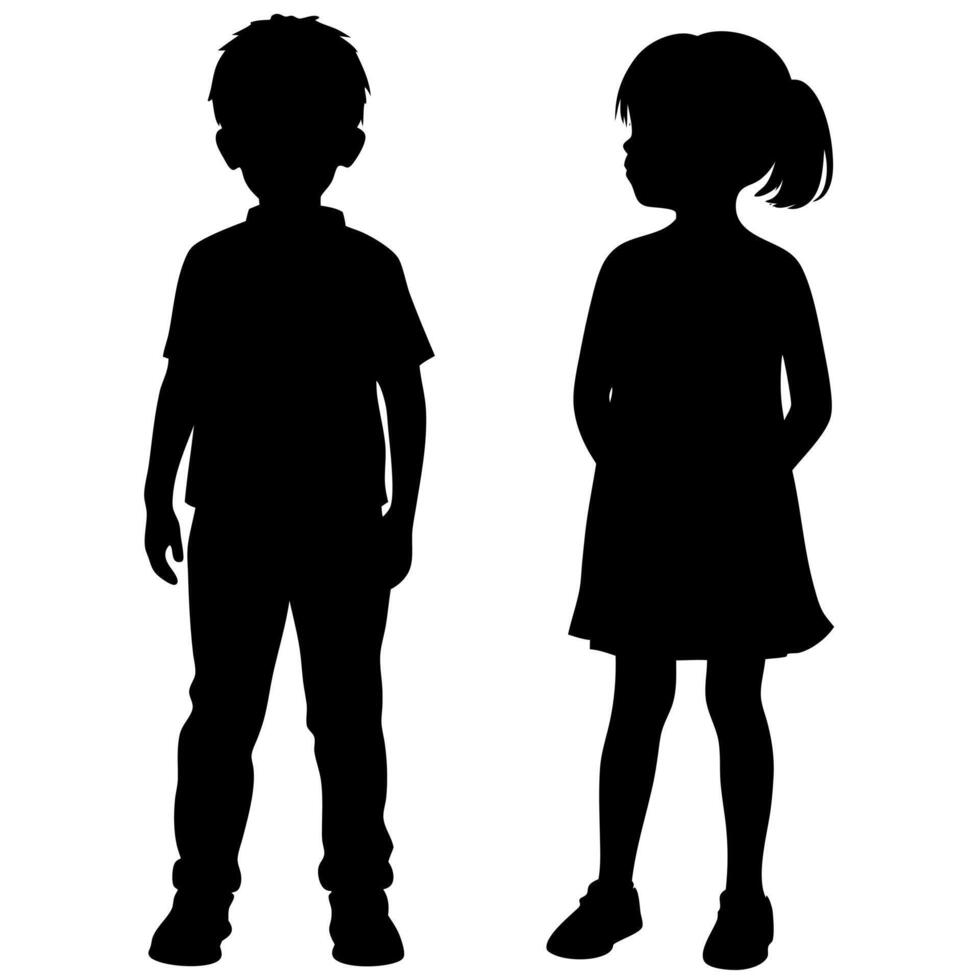 Children Silhouettes Boy and Girl Standing SidebySide on a White Background, Perfect for Education, Family, and Childhood Themes vector