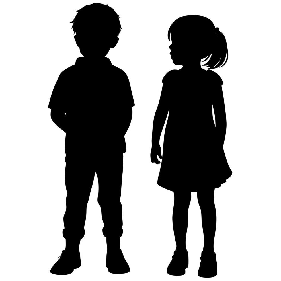 Silhouette of a Boy and Girl Standing Together, Childhood Friends, Playmates, Silhouette on White Background vector