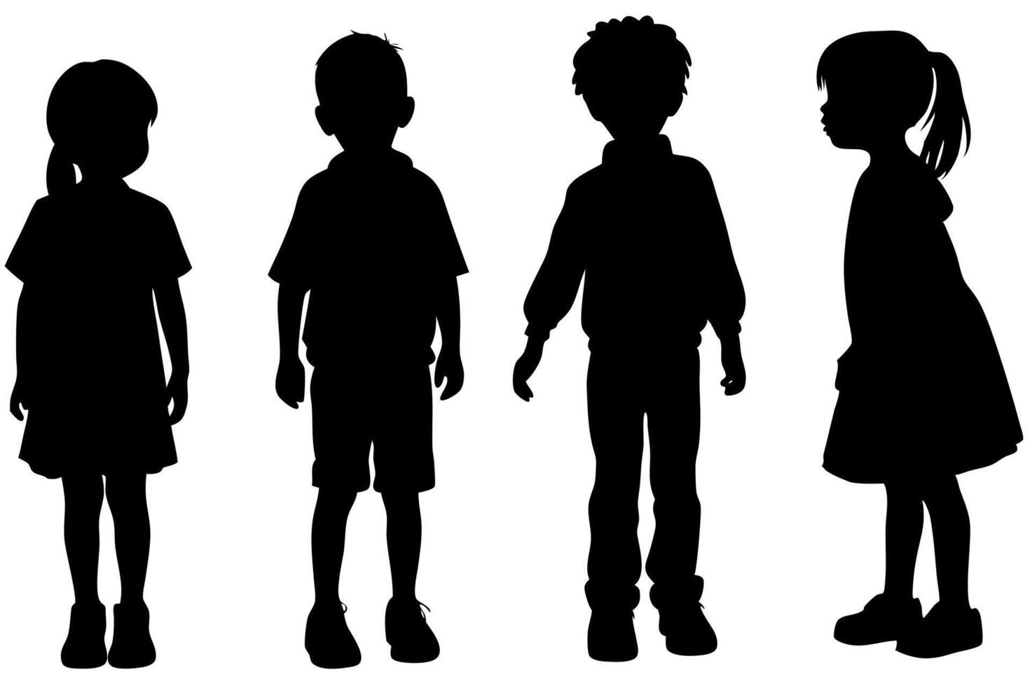Children Silhouettes Standing Together, Young Boys and Girls, Diverse Group Illustration, Childhood, Friendship, Education vector