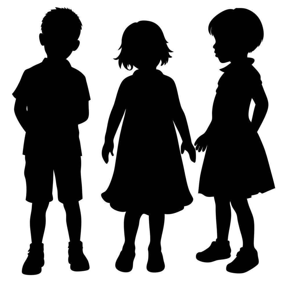 Silhouette of Three Children Standing Together, Friendship and Childhood Illustration, Black and White Educational Design vector